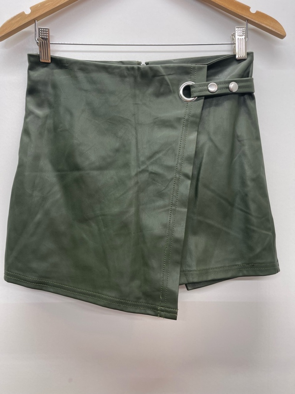 Love Tree Olive Faux Leather Wrap Mini Skort with Silver Hardware